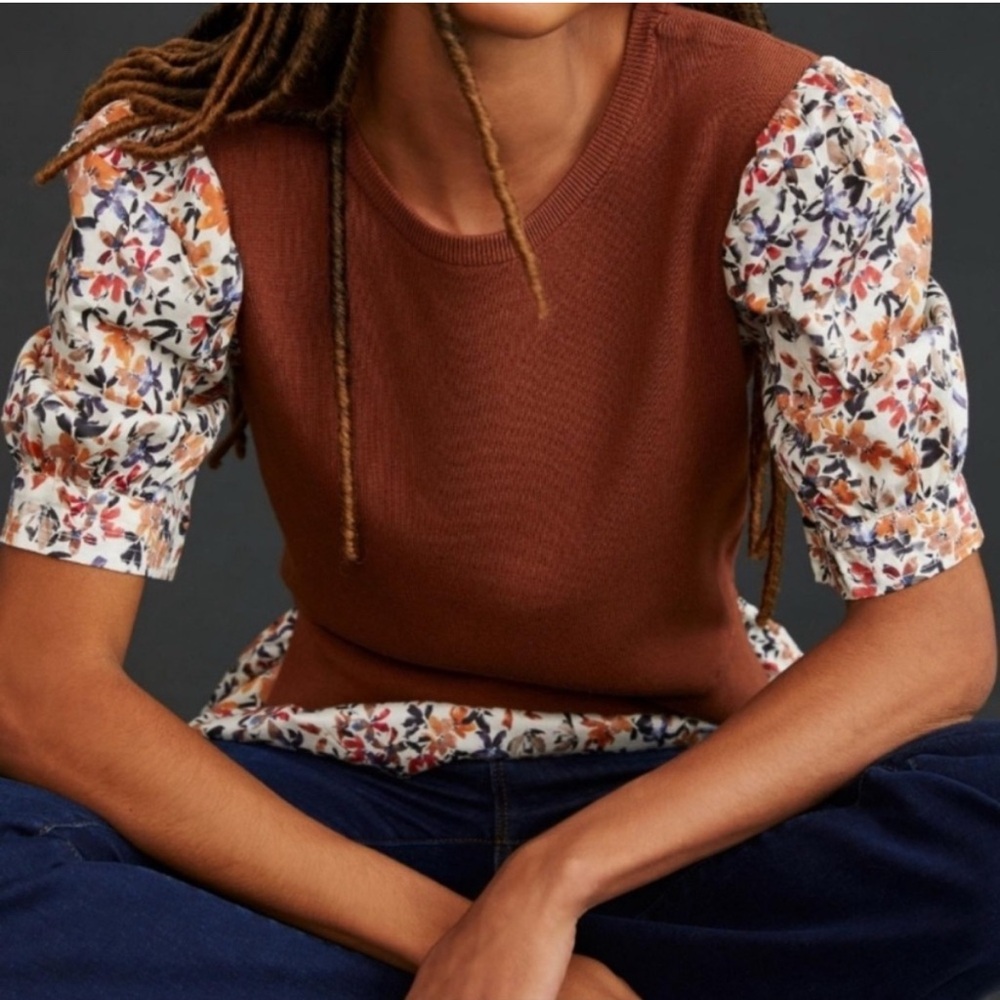 Anthropologie Layered Poplin-Sleeve Sweater